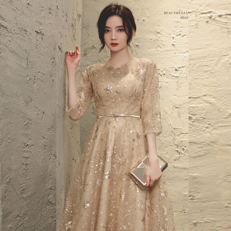 Korean Style Formal Evening Dresses For Women O-Neck Sequined Tea-Length Appliques Sashes Half Sleeve Gentle Celebrity Dresses