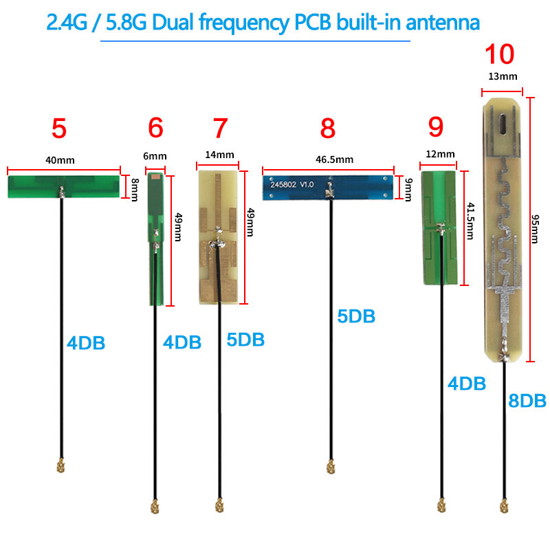 Antena de doble frecuencia 2,4G, 5G, 5,8G, 8dbi, placa Flexible FPC integrada, Wifi, Bluetooth, PCB, parche IPEX, RG1.13, Cable de 10cm
