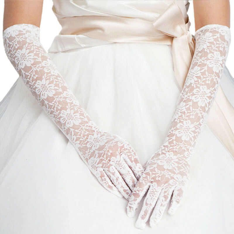 ถุงมือเจ้าสาวลูกไม้ยาวลายดอกไม้สำหรับงานแต่งงาน