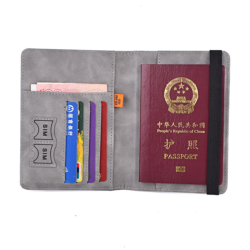 Funda de cuero PU con bloqueo RFID para hombre y mujer, cubierta elástica para pasaporte, billetera para tarjetas, documentos, 4 ranuras
