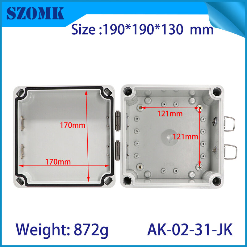 Carcasa impermeable IP65 para dispositivos electrónicos, caja de plástico con bisagras para exteriores, resistente a la intemperie, 190x190x130mm