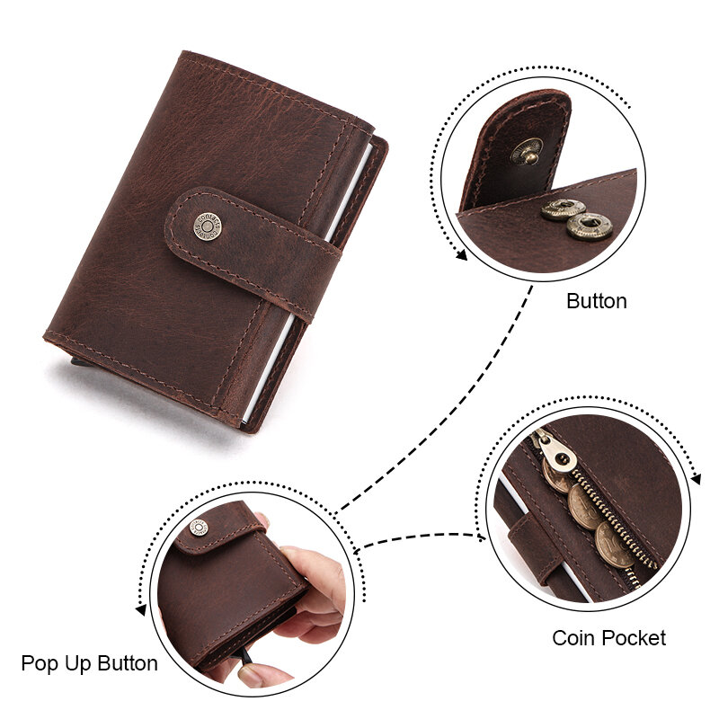 Contact's-billetera personalizada para hombre, tarjetero de cuero Crazy Horse, Mini billetera de aluminio Rfid, monedero