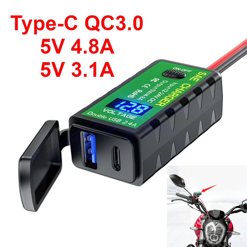 Soket Pengisi Daya Motor USB 12V/24V Tipe PD QC3.0 5V 4,8 A 3,1 A Adaptor Pengisi Daya Sepeda Listrik Sakelar Voltmeter