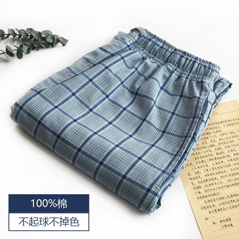 100% cotton sleep bottoms mens simple plaid sleepwear pants summer thin loose mens pants home trousers