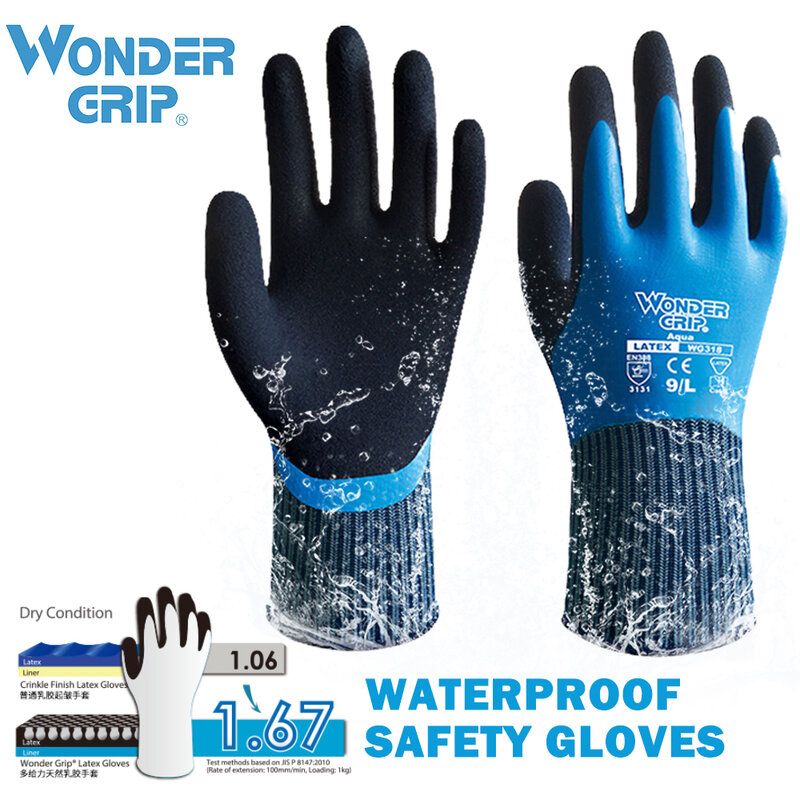 Wonder Grip Gants de travail étanches pour hommes et femmes, Sécurité WG-318, Gants en nylon à double revêtement, Mousse de latex confortable