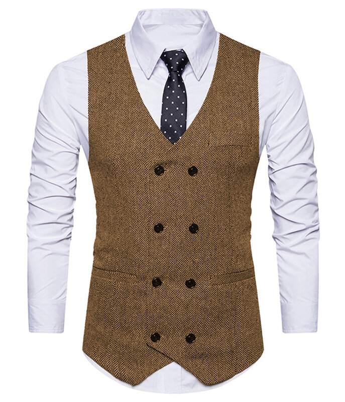 Colete masculino lã tweed fino ajuste lazer algodão terno colete cavalheiro espinha de peixe padrão beckham negócio marrom noivo casamento