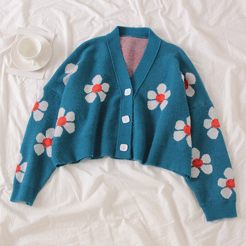 Preppy Style Flower Knit Cardigans Sweater Women V Neck Loose elegaht Thicked Pull Femme Print Short Casual Cardigan
