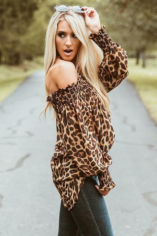 Blusa con estampado de leopardo para mujer, blusa holgada de manga larga con hombros descubiertos, informal, S-XL