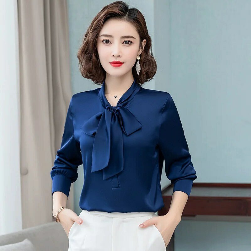 Elegant bright color bow satin silk women shirt blouse long sleeve fashion korean office ladies work shirt basic female tops