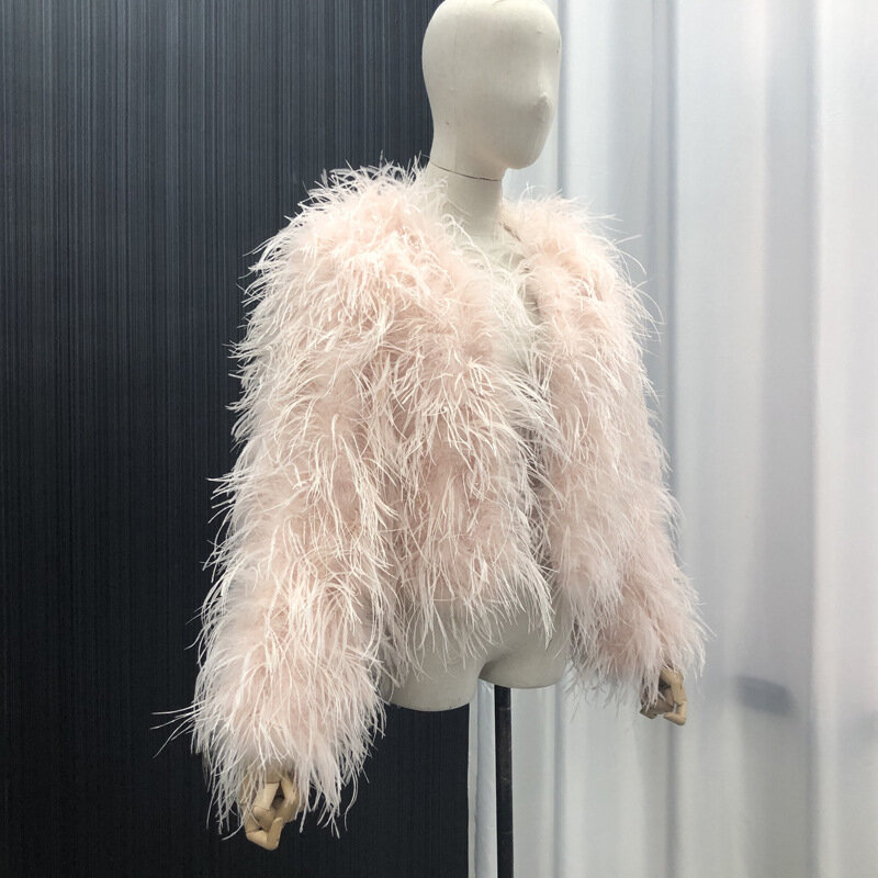 Jaqueta de penas de avestruz real manga longa inverno fofo feminino casaco quente peludo outwear