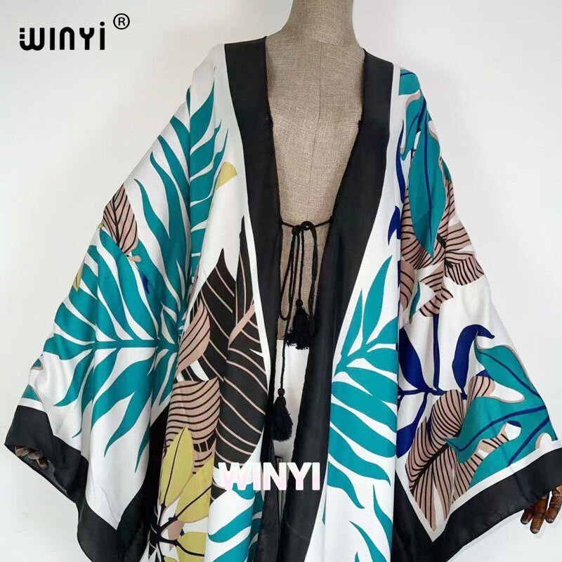 2021 WINYI Cotton Bikini Sweet Lady Pink Boho Print Self belt Front Open Long Kimono Dress Beach tunica Women Wrap Dresses
