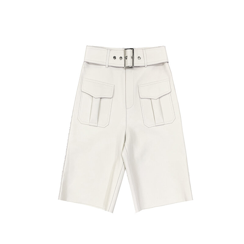 Frühjahr Echtem Leder Hosen Frauen Gerade Stil Hohe Taille Overalls Mit Gürtel Große Tasche Weibliche Oversize Weiß Casual Shorts