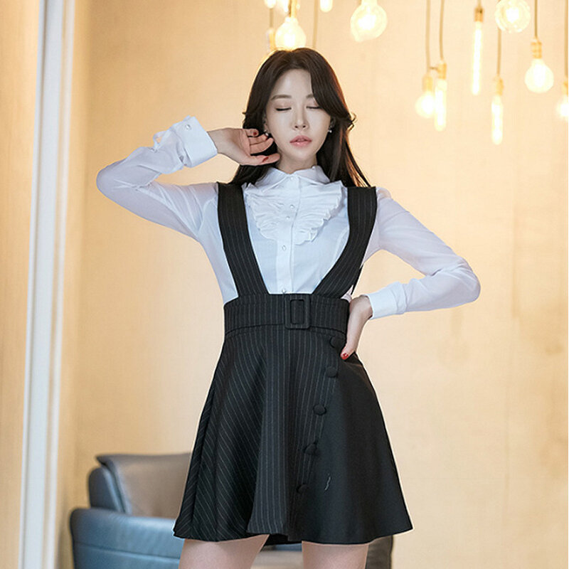 new arrival fashion set women spring OL young casual ladies long sleeve ruffle bow white shirt and striped dress two piece set