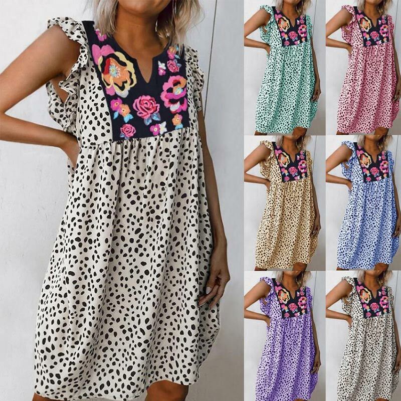 Frauen Leopard Print Kleid Weibliche V-ausschnitt Rüsche Hülse Lose Kleider 2020 Sommer Casual Streetwear Dame Kleidung Plus Größe 3XL