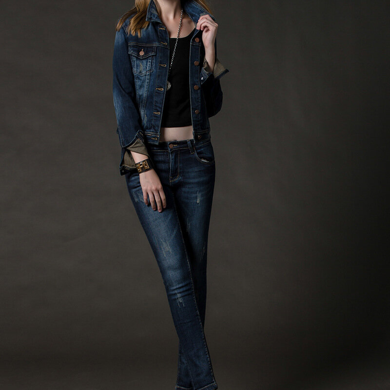 Женская джинсовая куртка в Корейском стиле с отложным воротником