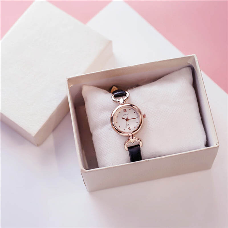 ساعة يد كوارتز بسيطة للنساء والفتيات ، حزام جلد PU ، مينا رقيق ، EIG88