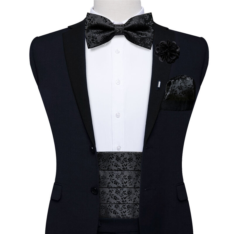 Faja clásica negra para hombre, faja de seda Floral, pajarita, broche, conjunto de alfiler, esmoquin ancho elástico, cinturón de vestir