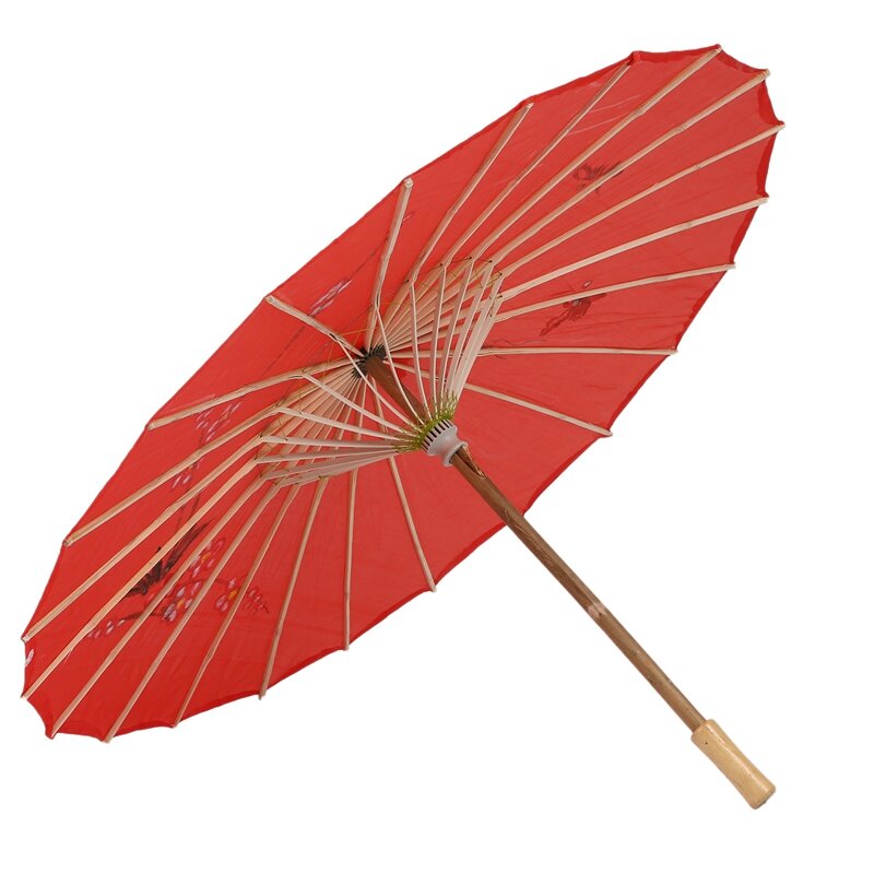 Plum Blossom Pattern Red Bamboo 31.5" Dia Oriental Umbrella Parasol