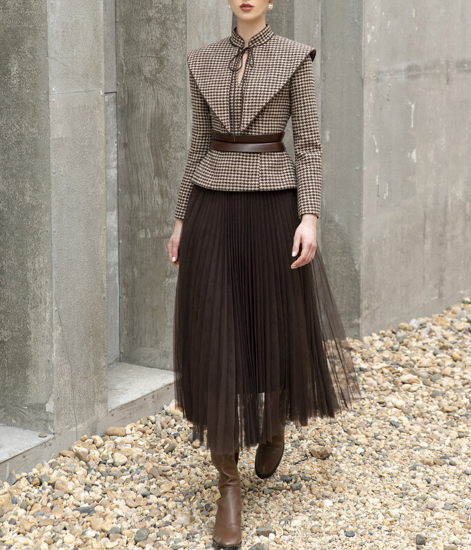 Tailor shop Retro Schlank und dünne dunkelbraun hahnentritt winter weibliche licht luxus top und rock Semi-Formale Kleider