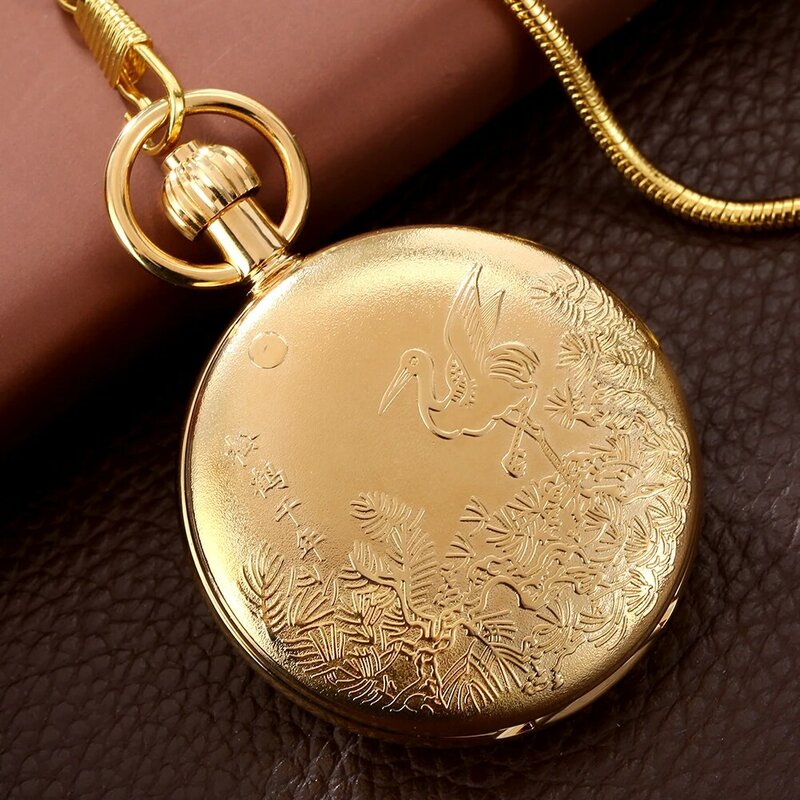 Retro Elegant Gold Copper Self-Wind Mechanical นาฬิกา Luxury จี้นาฬิกาโบราณของขวัญ Chain นาฬิกาอัตโนมัติชาย