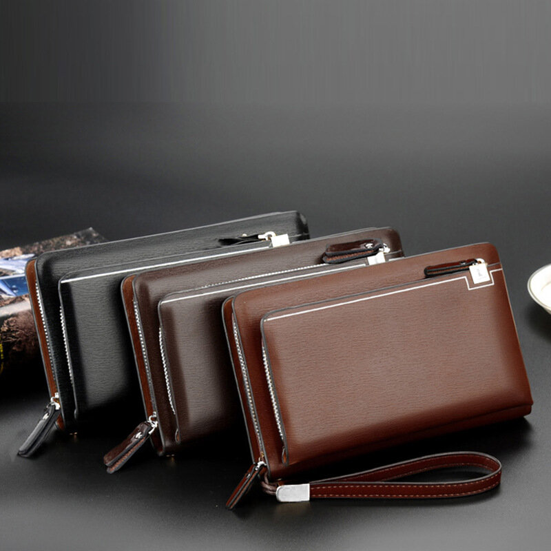 Men's Day Clutch Double Zippers Long Wallet New Design Business Purse Male Big Capacity Handbag, Black & Brown