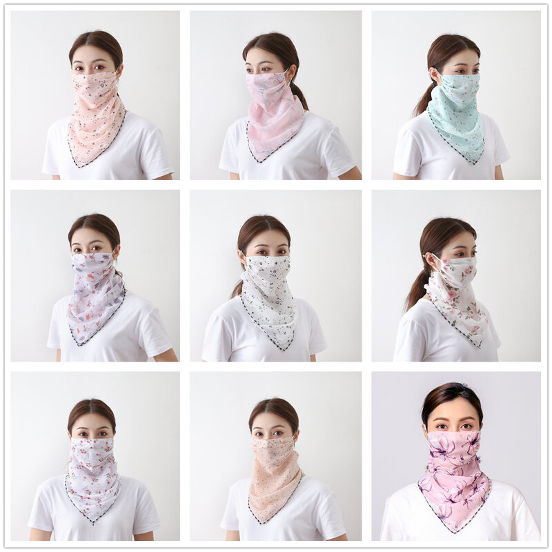 2022 Chiffon Women Mouth Mask Neck Scarf Floral Print Sunscreen Head Ring Scarves Silk Face Masks Foulard Lady Outdoor Protect
