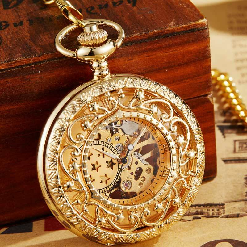 Relógio de bolso mecânico de steampunk, antigo, colar de esqueleto, corrente para homens e mulheres, corrente esculpida por vento