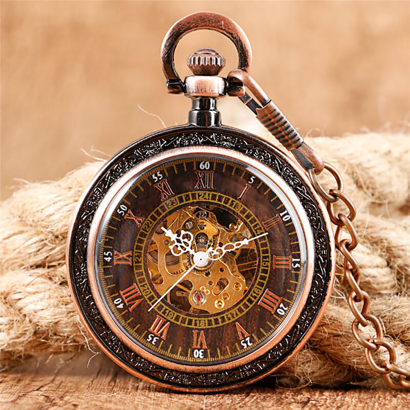 Reloj de bolsillo mecánico de bobinado a mano para hombres y mujeres, reloj con cadena colgante, reloj de cara abierta, esqueleto clásico, números romanos, Fob