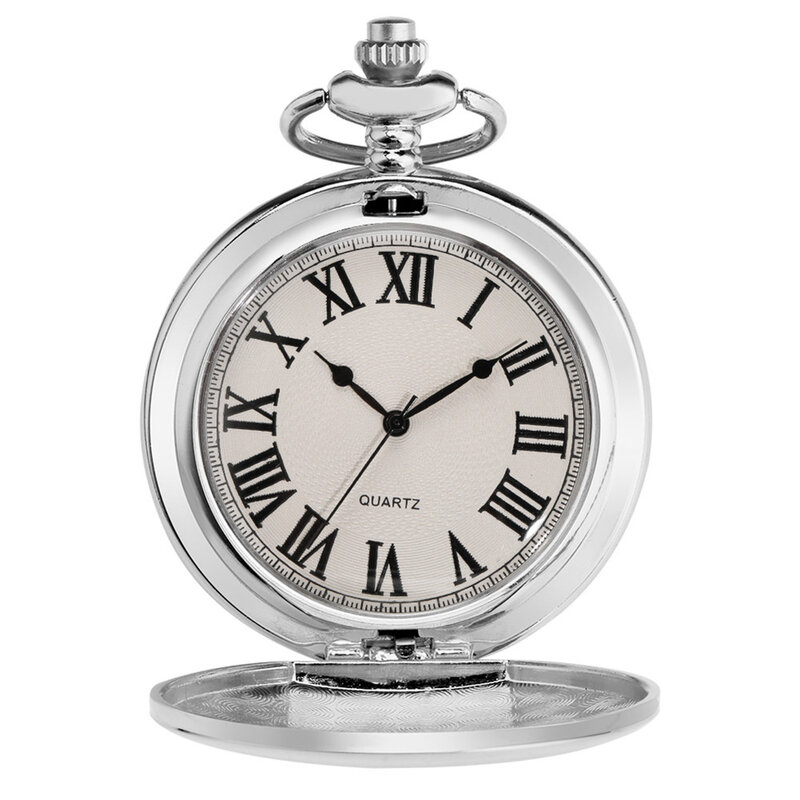 Klasyczne czarne cyfry rzymskie Dial srebrny, gładki pokrowiec kieszonkowy zegarek kwarcowy Retro zegarek męski