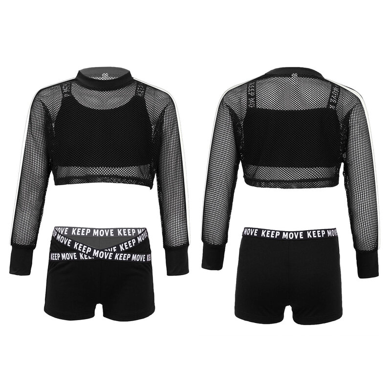 Kids Girls Summer Sport Suit Straps Crop Vest with Hollow Out Breathable Net Cover Up Tops And Shorts Set for Dance Gym Yoga