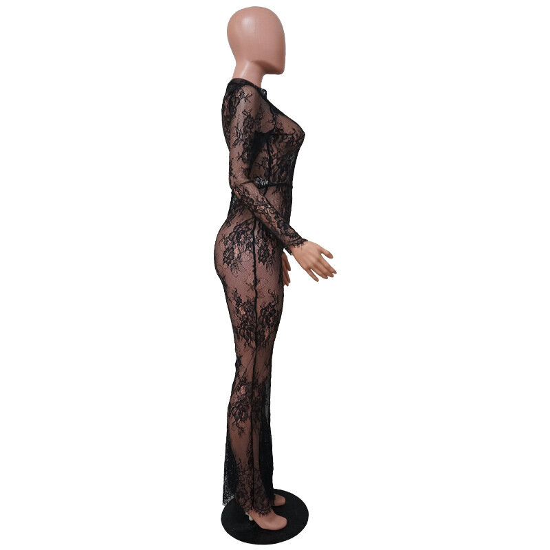 BKLD Fashion czarna koronkowa perspektywa seksowna nocna stroje klubowe z długim rękawem jednoczęściowe kombinezon z szeroką nogawką damskie letnie ubrania