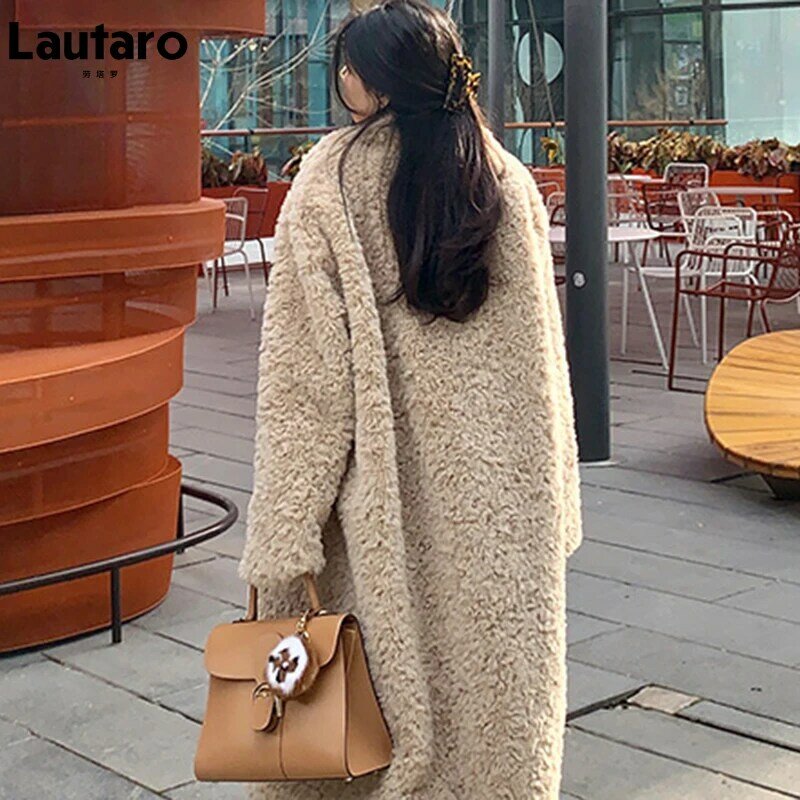 Lautaro-abrigo largo y peludo de gran tamaño para mujer, abrigo de piel sintética, grueso y esponjoso, fajas, solapa, elegante, moda Coreana de lujo, invierno, 2021