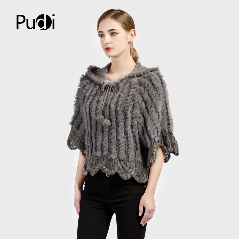 CT7023 Mantel Rajutan Bulu Kelinci Fashion Baru Sweter Wanita Rusia dengan Tudung Abu-abu