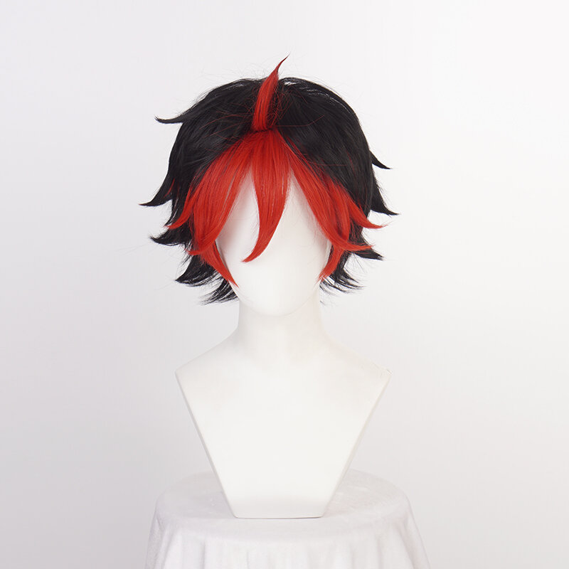 Show By Rock!! Crow Guren Cosplay Wig Short Black Red Bangs Mixed Heat Resistant Synthetic Hair Halloween Party + Wig Cap
