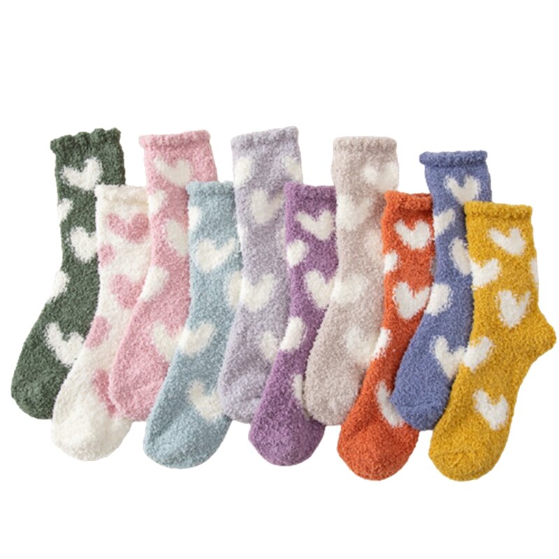 Winter Warm Kawaii Love Heart Fluffy Coral Fleece Socks for Women Soft Coral Velvet Sock Indoor Floor Casual Slippers Sox