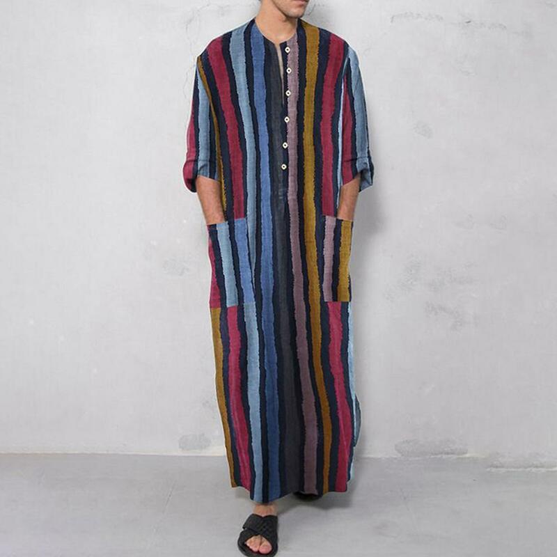 Robes rayées vintage en coton pour hommes, vêtements islamiques, poches adt, manches longues, stérilie saoudite, caftan musulman