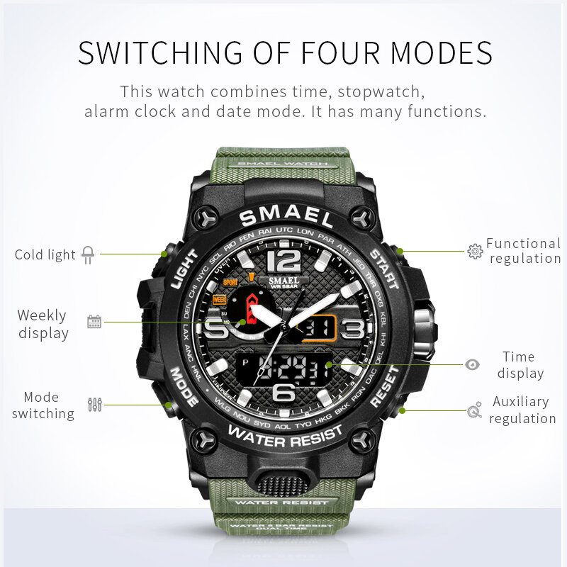 SMAEL Military Watch Men Sport Swimming Men Dual Display Wristwatches Waterproof Shock Resistant Chronograph Watches 1545D