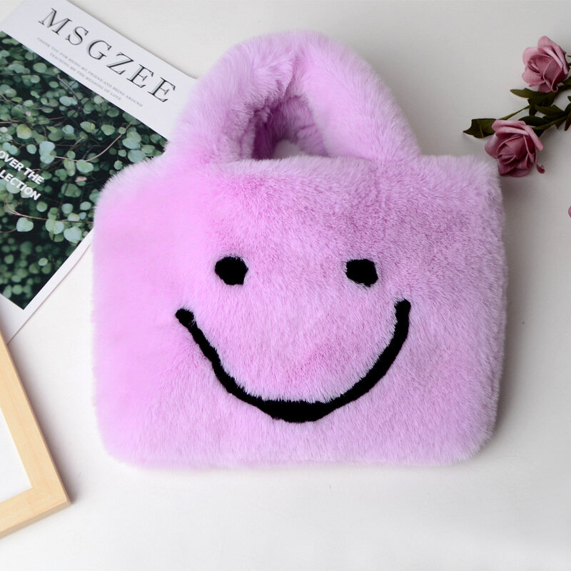 Delle Donne di modo del Sacchetto di Inverno Della Peluche Smiley Viso Borse Borse A Spalla Coperto Bottoni Sveglio Molle Delle Signore Catena Borsa Con Tracolla Tote