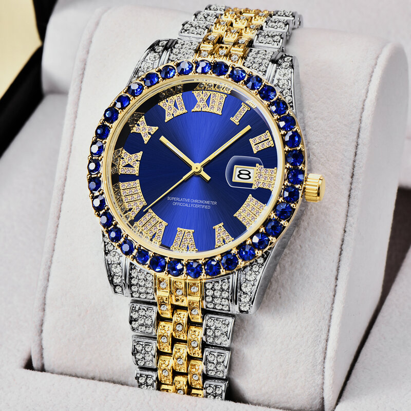 Relógios de quartzo masculino 2021 luxo bling diamante relógio para homem prata ouro aço moda masculino relógio ice out hip hop reloj hombre