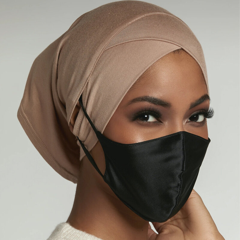 2021 Baru Kapas Lubang Telinga Instan Syal Elastis Bernapas Muslim Dalam Hijab Lintas Dahi Perempuan Jilbab Topi Turban