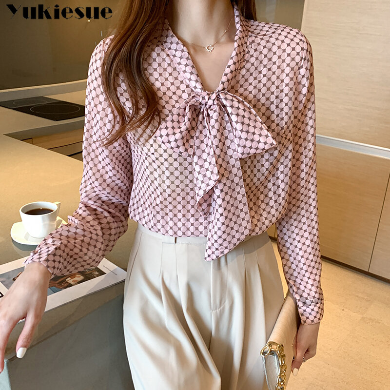 Women Long Sleeve Shirts dot printed Blouses Vintage Korean 2021 Spring Sweet Bow Loose Ladies Blouse Office Lady tops