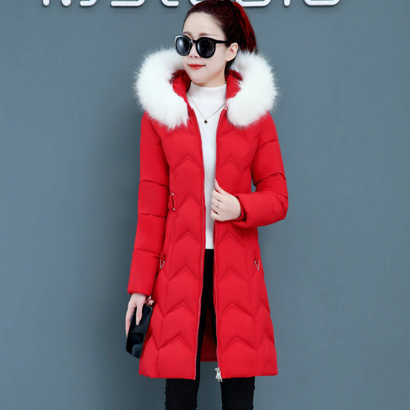 2024 New cotton-padded jacket Women's Mid-length Large Fur Collar Slim Padded Padded Jacket Women's WinterJacket