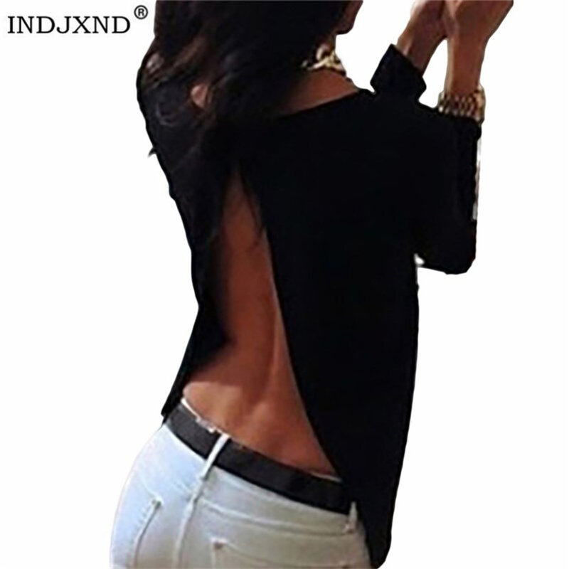INDJXND 여성용 긴 소매 시폰 셔츠 여름 섹시한 백 레이스 스플릿 블라우스 백 원근감 라운드 넥 느슨한 짧은 블라우스