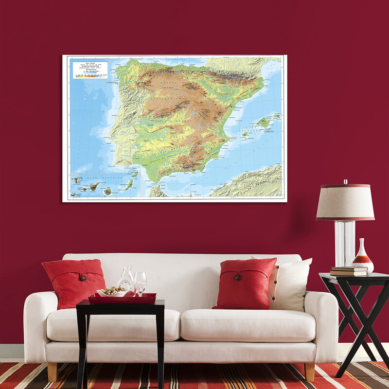 150*100 cm 스페인 지형 지도 (스페인어) 부직포 캔버스 회화 벽 아트 포스터, 학교 용품 홈 인테리어