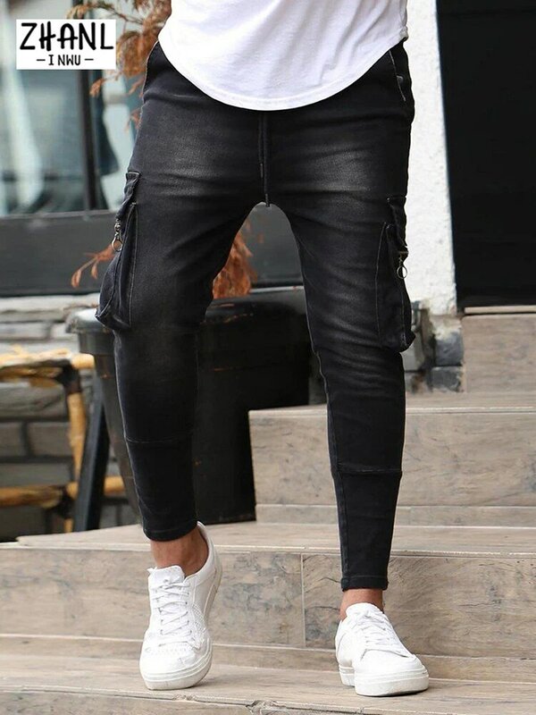 Calças masculinas calças de brim com zíper multi bolso calças de lápis hip-hop calças de homem magro preto azul masculino jogging denim calça streetwear