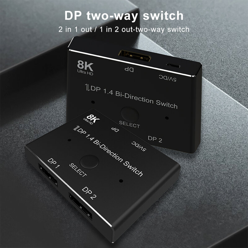 DP interruptor bidireccional 2 en 1, salida 1 en 2, divisor bidireccional DP 1,4, interruptor de una tecla plug and play para compartir un monitor en la misma pantalla