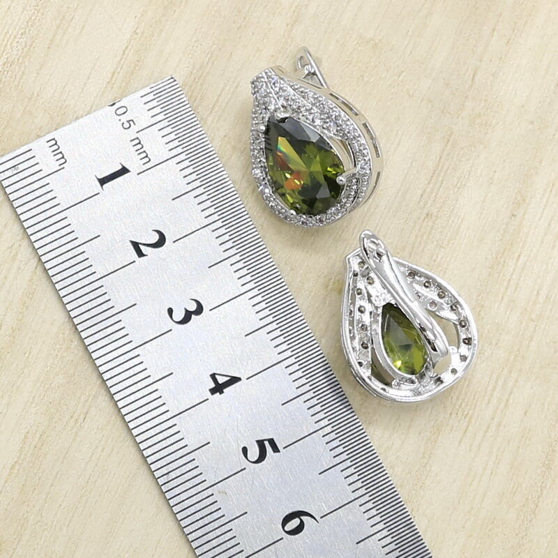 Nowy zielony Peridot cyrkon srebrny 925 biżuteria ustaw kobiety bransoletka kolczyki naszyjnik pierścień wisiorek prezent urodzinowy