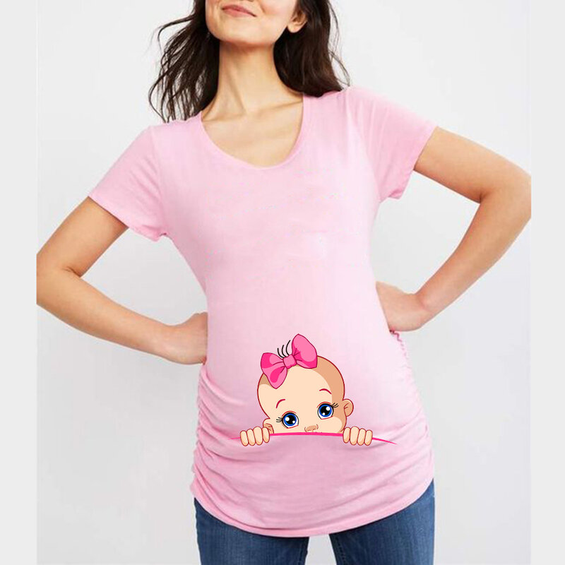 Letni zabawny nadruk kreskówkowy macierzyński różowy odzież Plus-Size z krótkim rękawem w ciąży T-Shirt topy kobiety gorąca sprzedaż t-shirty