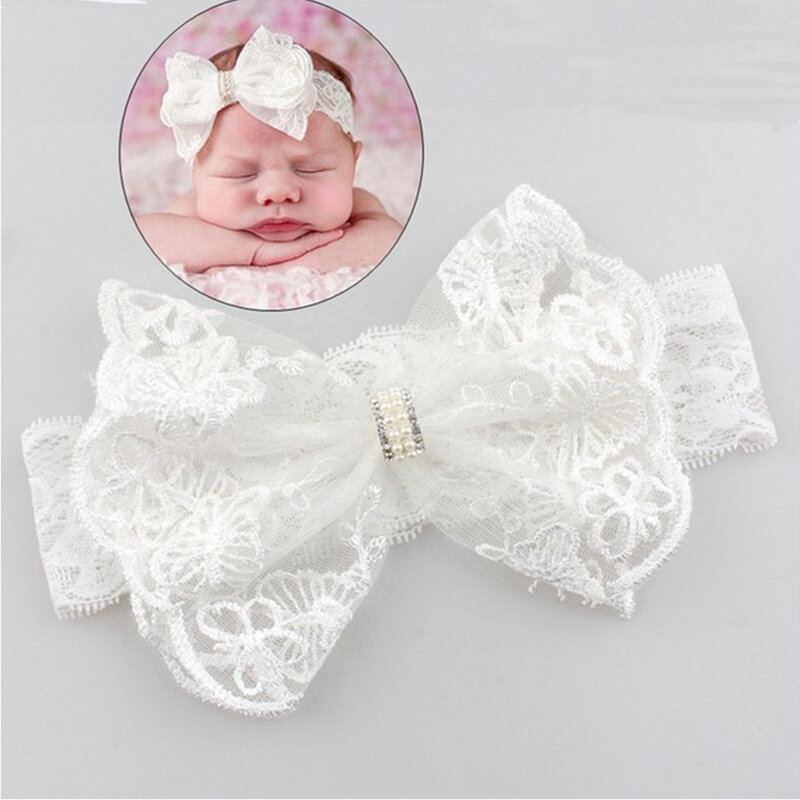 Withhe – bandeau élastique en dentelle pour bébé fille, avec nœud en cristal, accessoires de photographie pour nouveau-né