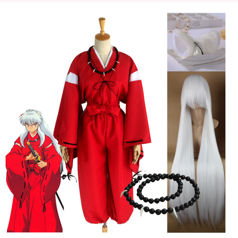 Kostum Cosplay Anime Inuyasha Pakaian Kostum Kimono Pria Jepang Merah dengan Telinga Wig dan Kalung untuk Pesta Halloween